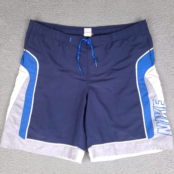 Nike Swim Trunks Mens XL Blue Board Shorts Mesh Lining Pockets Spell Out - Picture 1 of 16